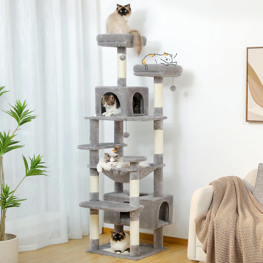 Großer Katzenbaum 165 cm – Stabiler Kratzbaum für große Katzen, mit Hängematte, Katzenhöhle & Sisal-Kratzsäulen, Grau