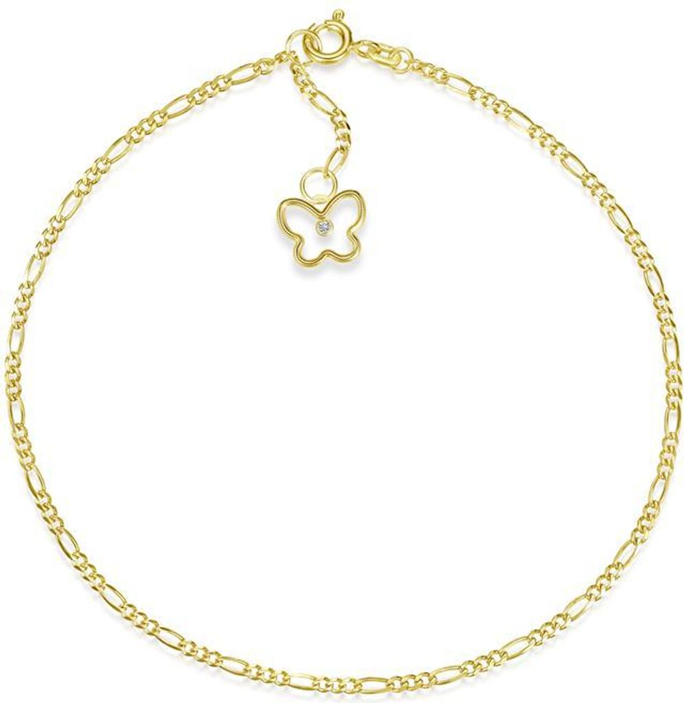 SILBERKETTEN STORE Figarofußkette 2mm mit Anhänger Schmetterling 1 - echt 585 Gold, Länge 30cm - 30cm
