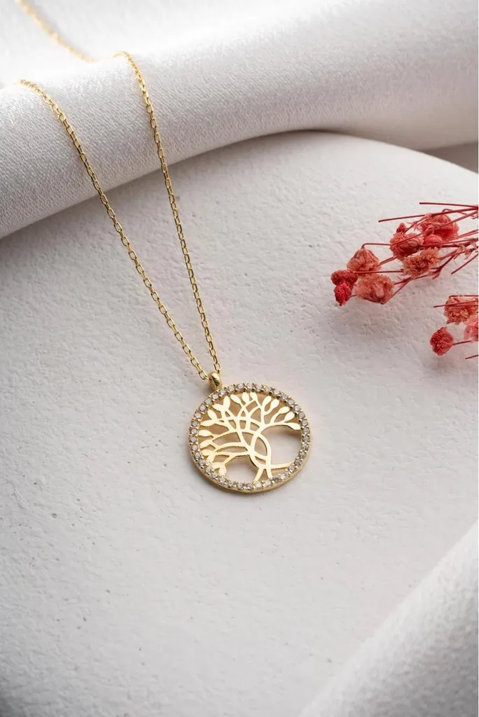 Collier Arbre de vie en argent 925 doré et oxydes de zirconium - 42 cm