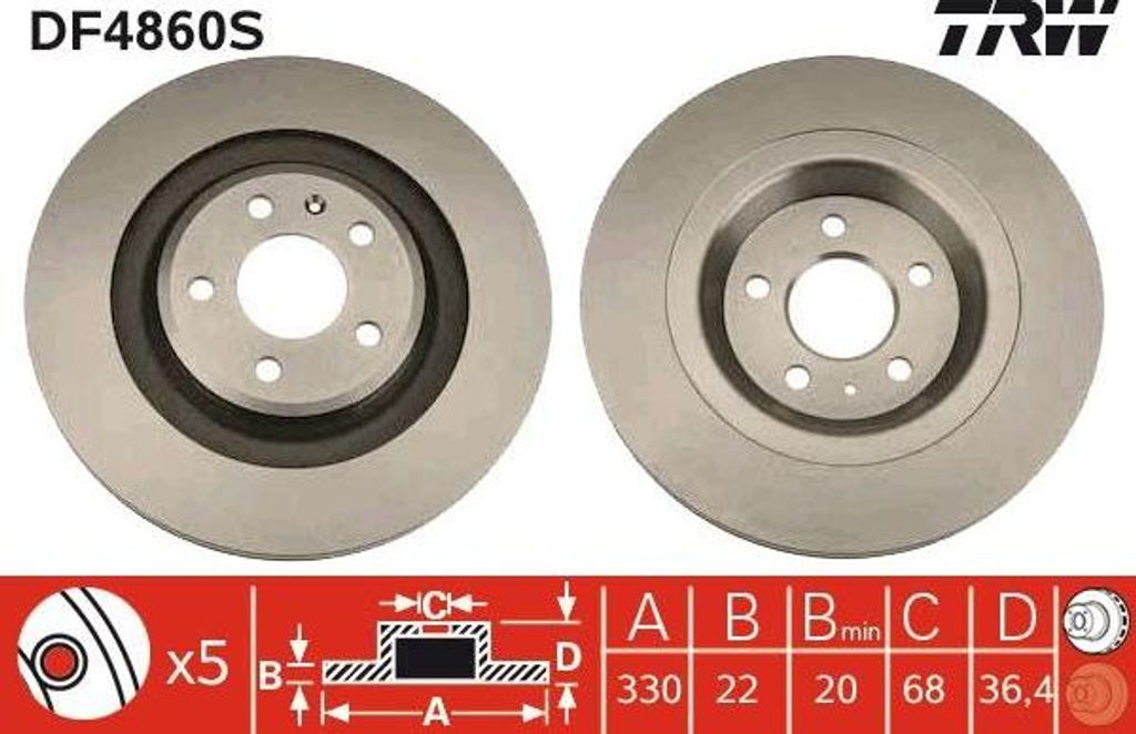 TRW DF4860S Bremsscheibe OE 8K0615601C kompatibel mit A4 8K, A5 8T, A5 8F, Q5