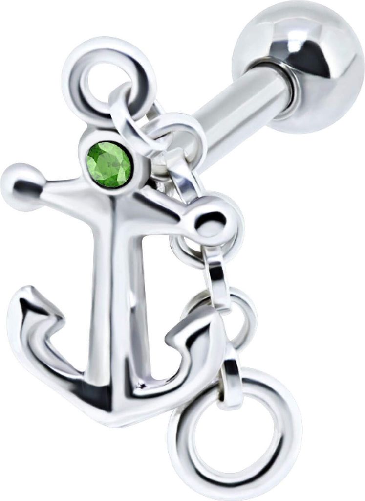 1 Stück Ohrring Helix Ohrpiercing 925 Sterling Silber Kette und Anker mit Glaskristall in grün Verschlusskugel 3mm
