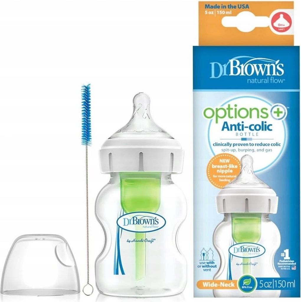 A Dr. Brown's Options+ Anti-Colic bottle and its packaging are displayed.
