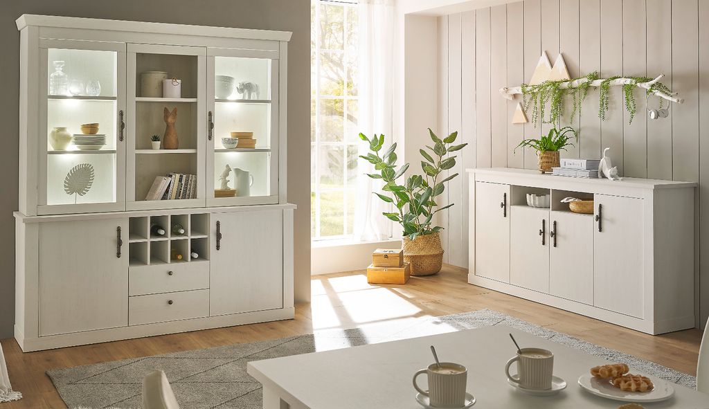 Wohn- und Esszimmer Set 2-teilig "Fiastra" weiß Pinie Landhaus, Soft-Close und LED