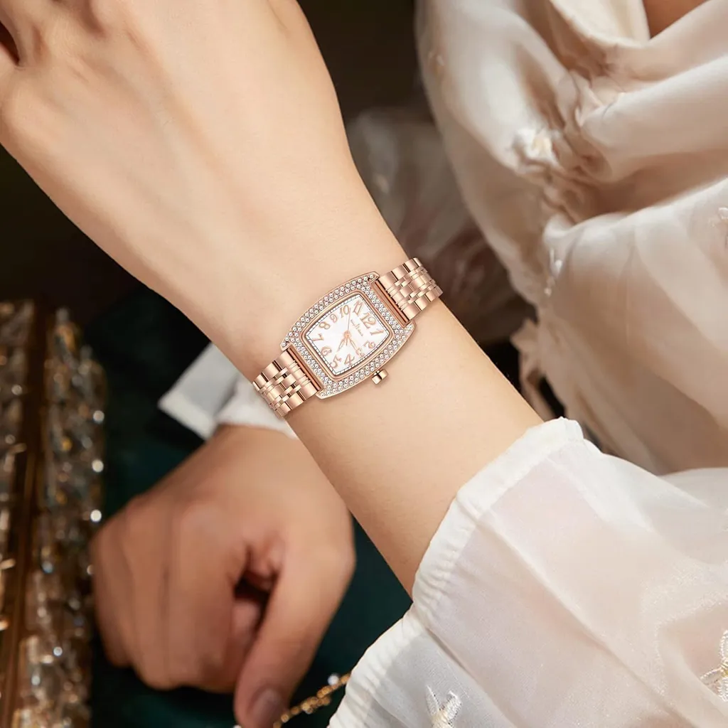 MICGIGI orologio da polso al quarzo da donna, orologio analogico rettangolare con finiture in pietra, quadrante casual, orologio da polso in acciaio inossidabile per l'eleganza di tutti i giorni - 3