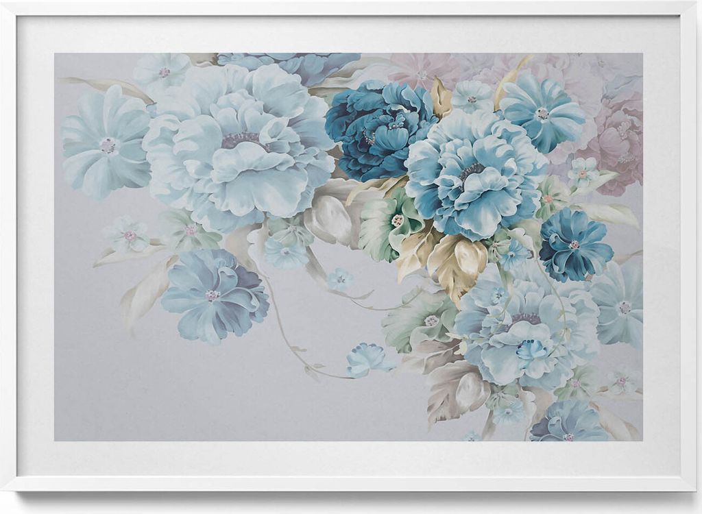 Gemälde mit zarten Pfingstrosenblüten– Wandbild mit Rahmen – Gerahmtes Bild – Wanddekoration – 100x70 cm – Weiß Rahmen
