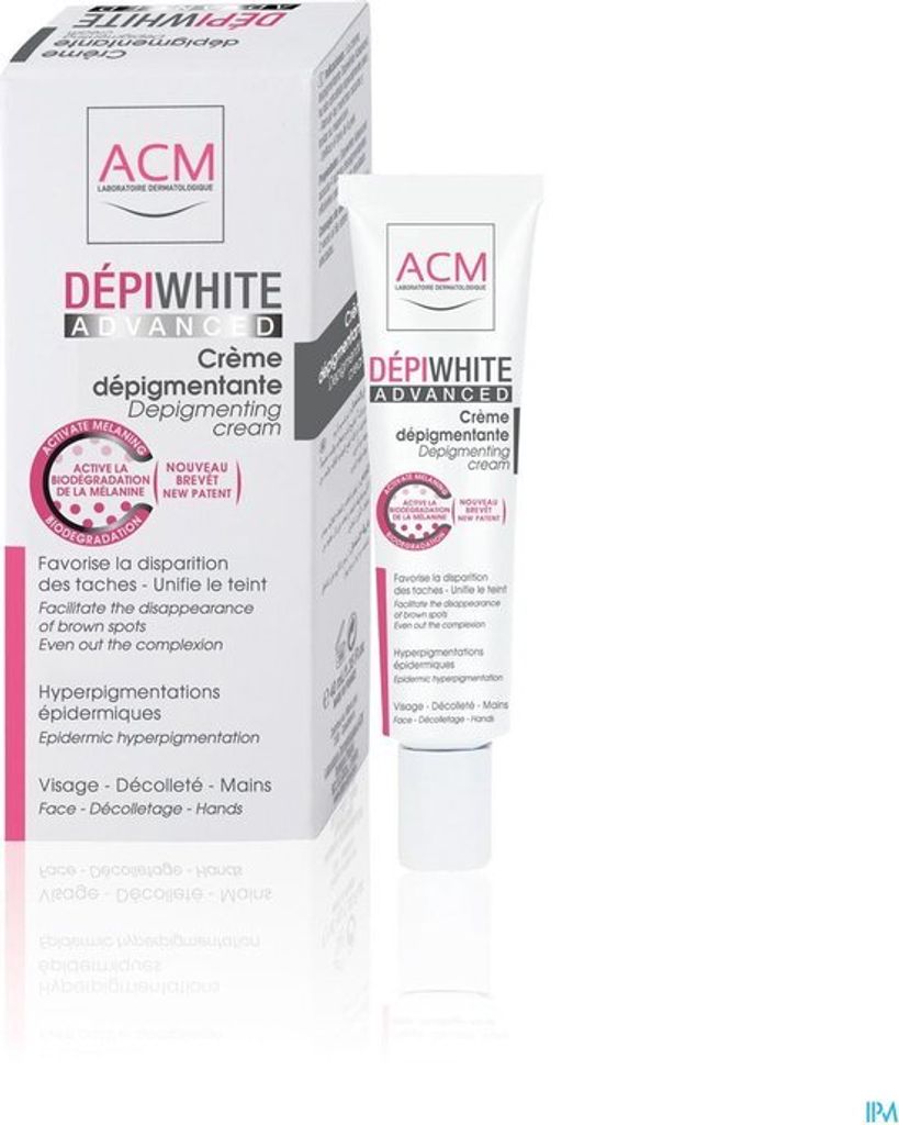 A box and a tube of ACM DEPIWHITE ADVANCED Depigmenting cream are shown against a white background.