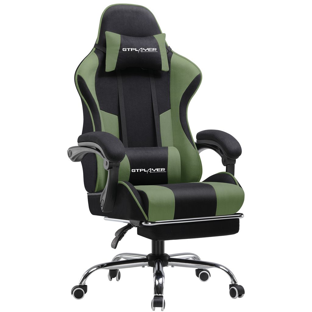 A gaming chair with a footrest, shown from the front.