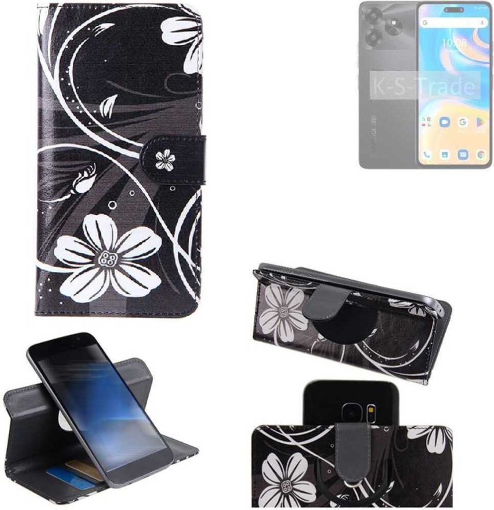 K-S-Trade Schutzhülle Handyhülle kompatibel mit UMIDIGI G6 5G Hülle 360° Wallet Case “Flowers“ Klapphülle Hülle schwarz-weiß 1x