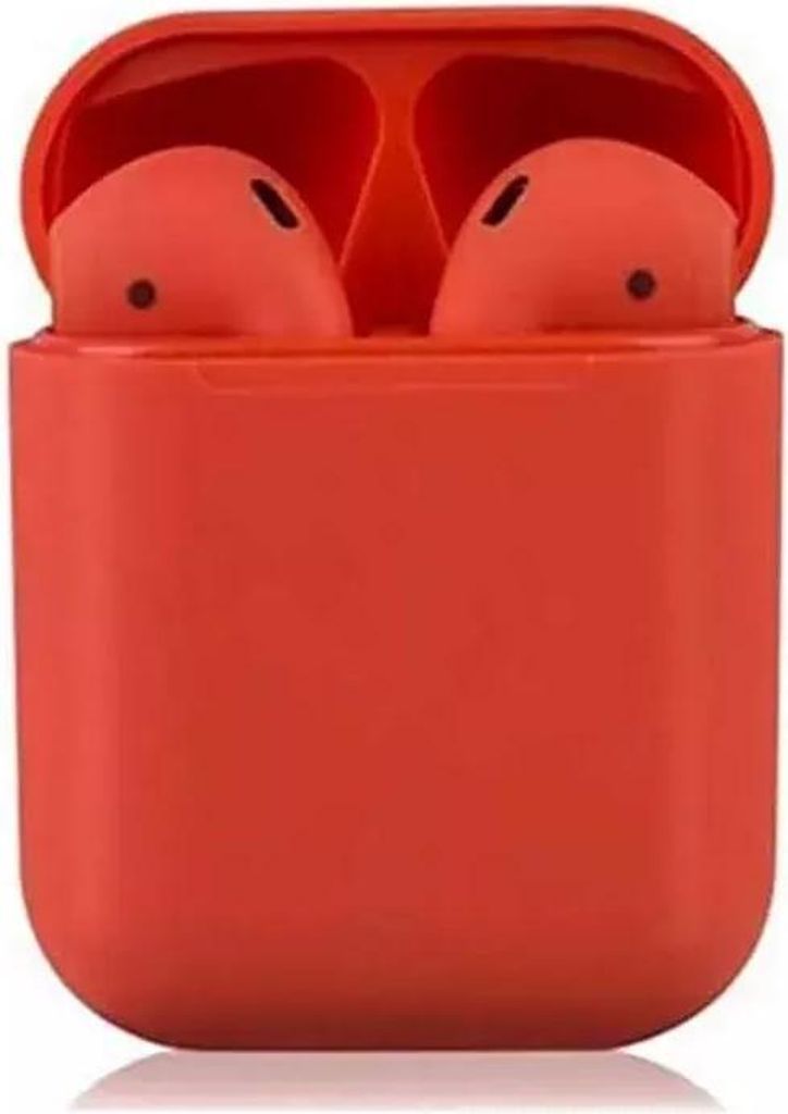 A pair of red wireless earbuds in their charging case.
