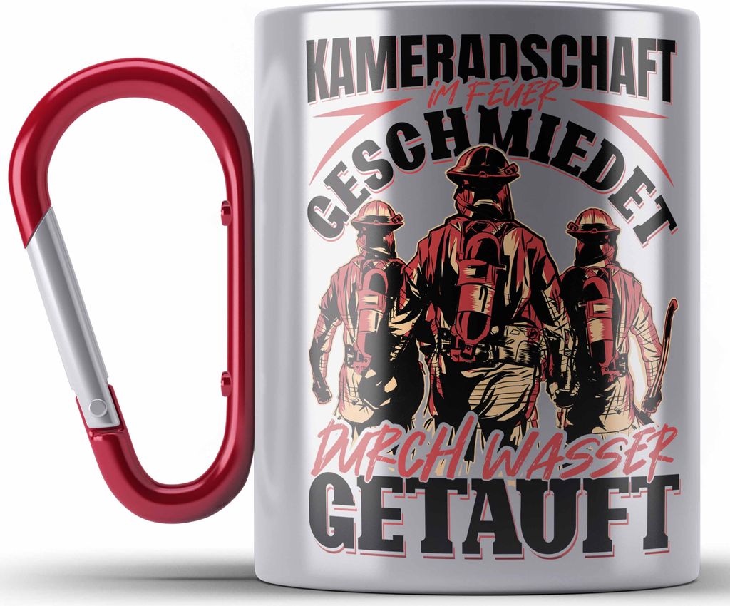 Trendation - Feuerwehr Edelstahl Tasse Karabiner Geschenke Zubehör Lustig Einsatz Geburtstag Spruch Durch Wasser Getauft (Rot)