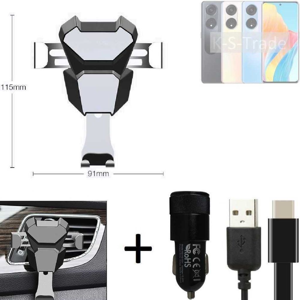 K-S-Trade Lüftungsschlitz Halterung kompatibel mit Oppo A1 5G Lüftungshalterung Lüftungsgitter schwarz-silber Auto-Halterung Smartphone Halter