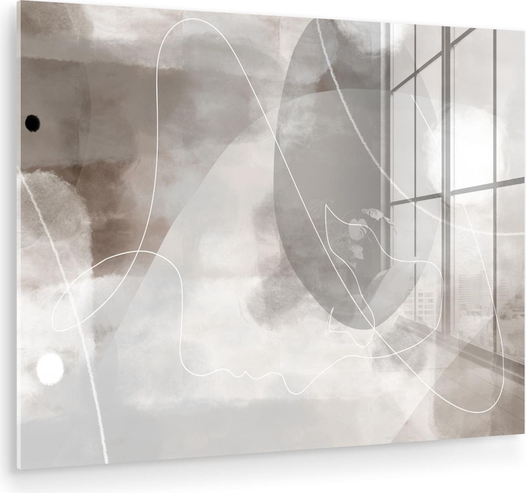 MuchoWow Glasbilder - Bilder auf Wandbild - Foto auf Glas Farbe - Grau - Strichzeichnung - Abstrakt 80x60 cm Wanddekoration aus Glas - Acrylglasbil...