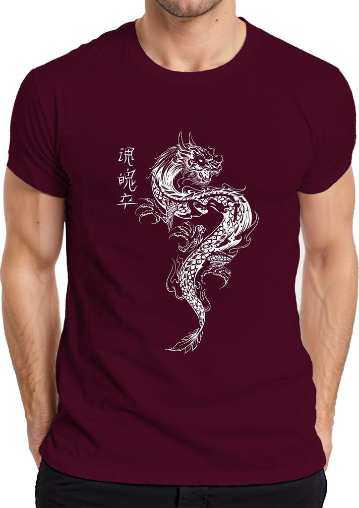 Japanischer Drache Irezumi Orientalischer Drache Asien Koi Flamme Herren T-Shirt, Burgundy, XL