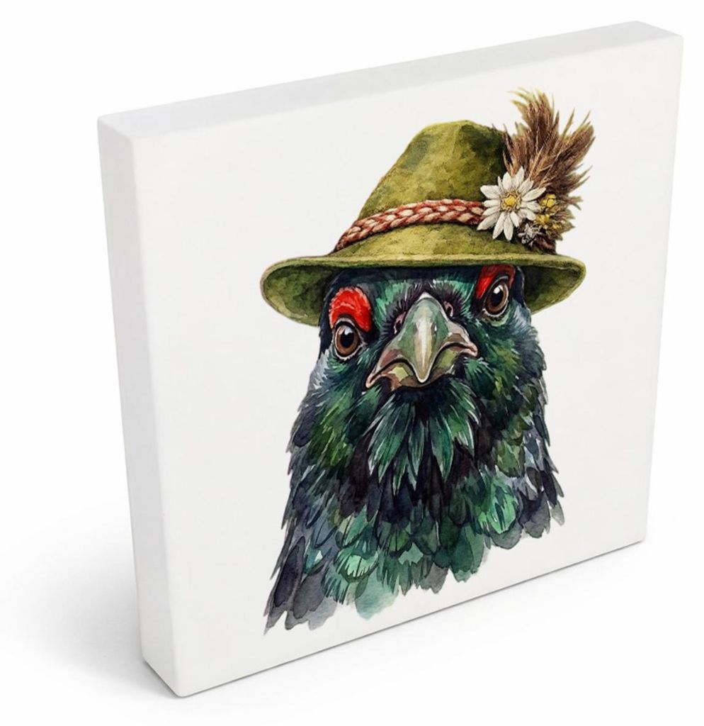 Trachtenhut Feder-Tiere Auerhahn Holzbild in 10x10 cm zum Stellen oder