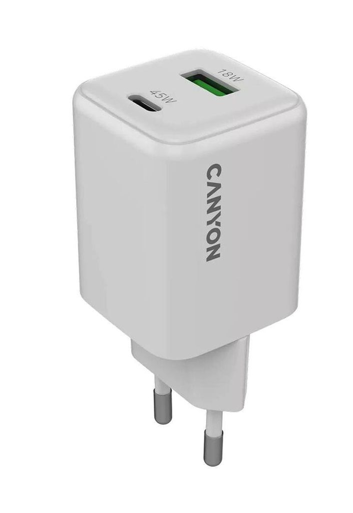 Canyon Charger CU45AC GaN 45W, 1x PD, 1x QC, EU-stekker, Productafbeelding 