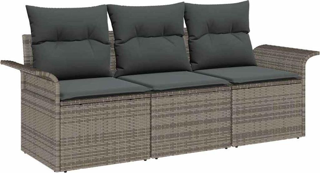 vidaXL Garten-Sofa-Set mit Kissen mit Speicher 3 pcs Grau Poly Rattan