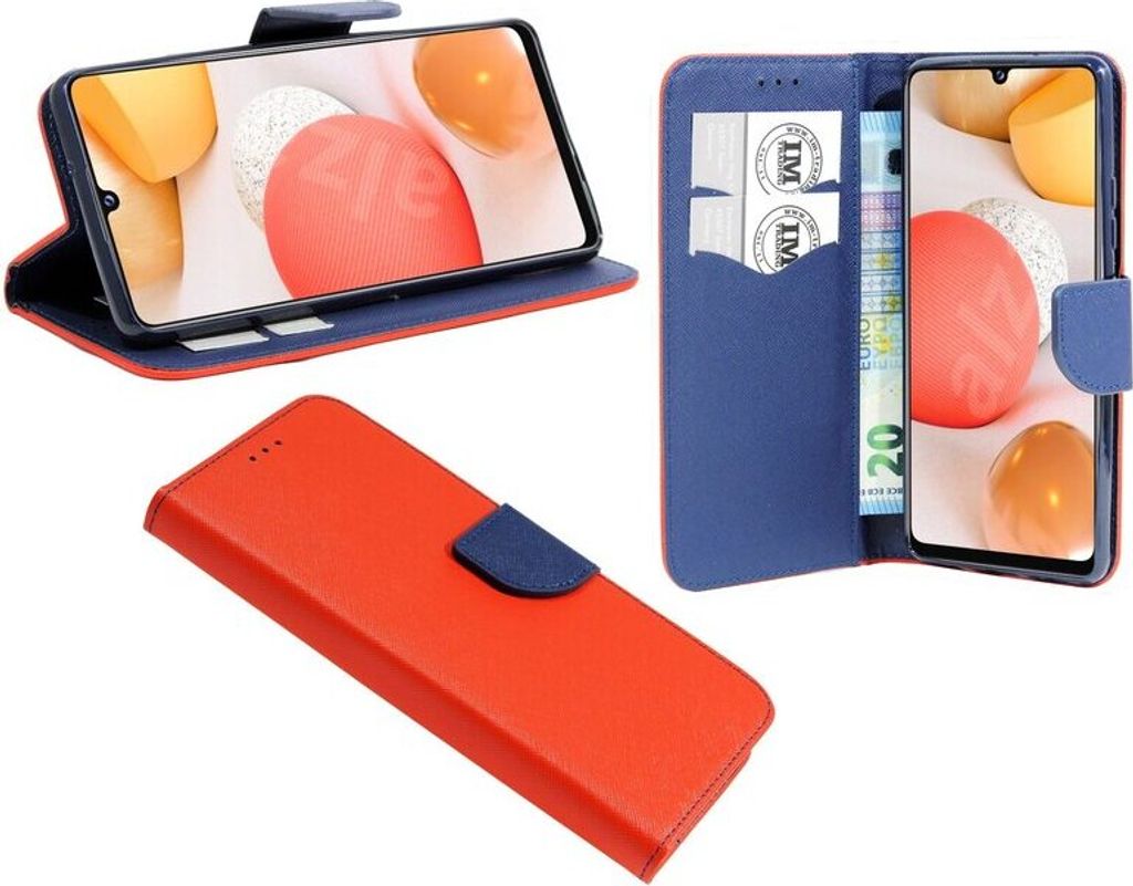 Buch Tasche "Fancy" für Samsung Galaxy A42 5G Handy Hülle Schutzhülle mit Standfunktion, Kartenfach Rot-Blau