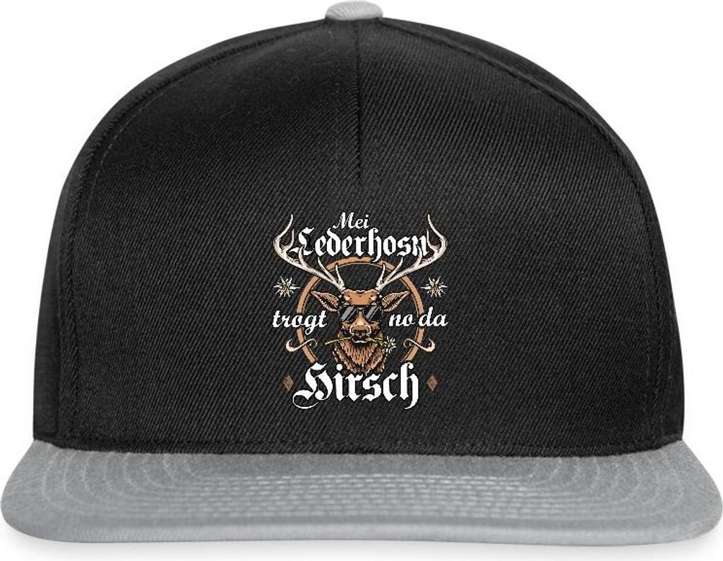 Spreadshirt Mei Lederhosn Trogt No Da Hirsch Wiesn Snapback Cap, One size, Schwarz/Grau