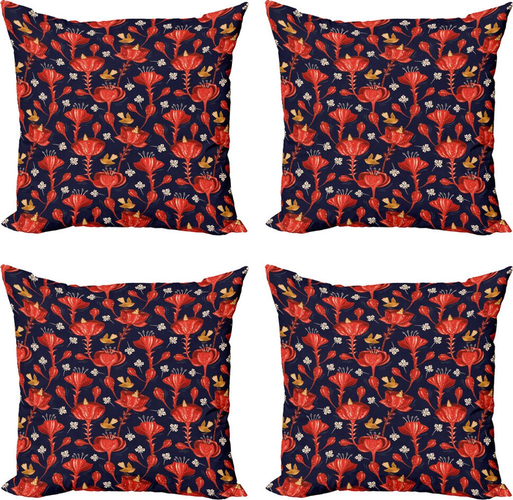 ABAKUHAUS Jacobean Kissenbezug Set (4 Stück), Blühende Blumen und Vögel, Moderner Doppelseitiger Digitaldruck, 50 cm x 50 cm, Indigo Vermilion