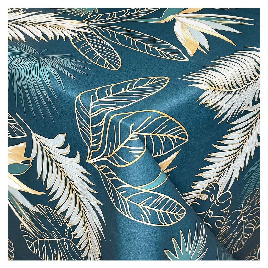 Wachstuch Tischdecke Palmen Blätter Monstera Petrol Gold eckig rund oval (Rand: Schnittkante, 120 x 140 cm eckig)