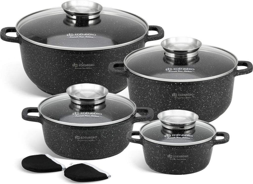 Schöne schwarze Töpfe, Topfset, Suppentopf, Kompotttopf, Großer Topf, Glasdeckel, Induktion ,Steinbeschichtung (1.3L / 2.3L / 4.5L / 6.8L)