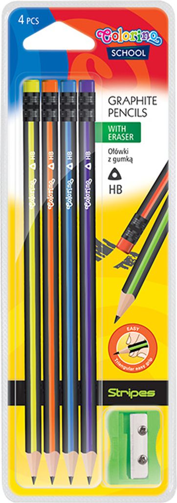 Dreieckige HB-Bleistifte mit Radiergummi und Anspitzer von PATIO – 4er-Set