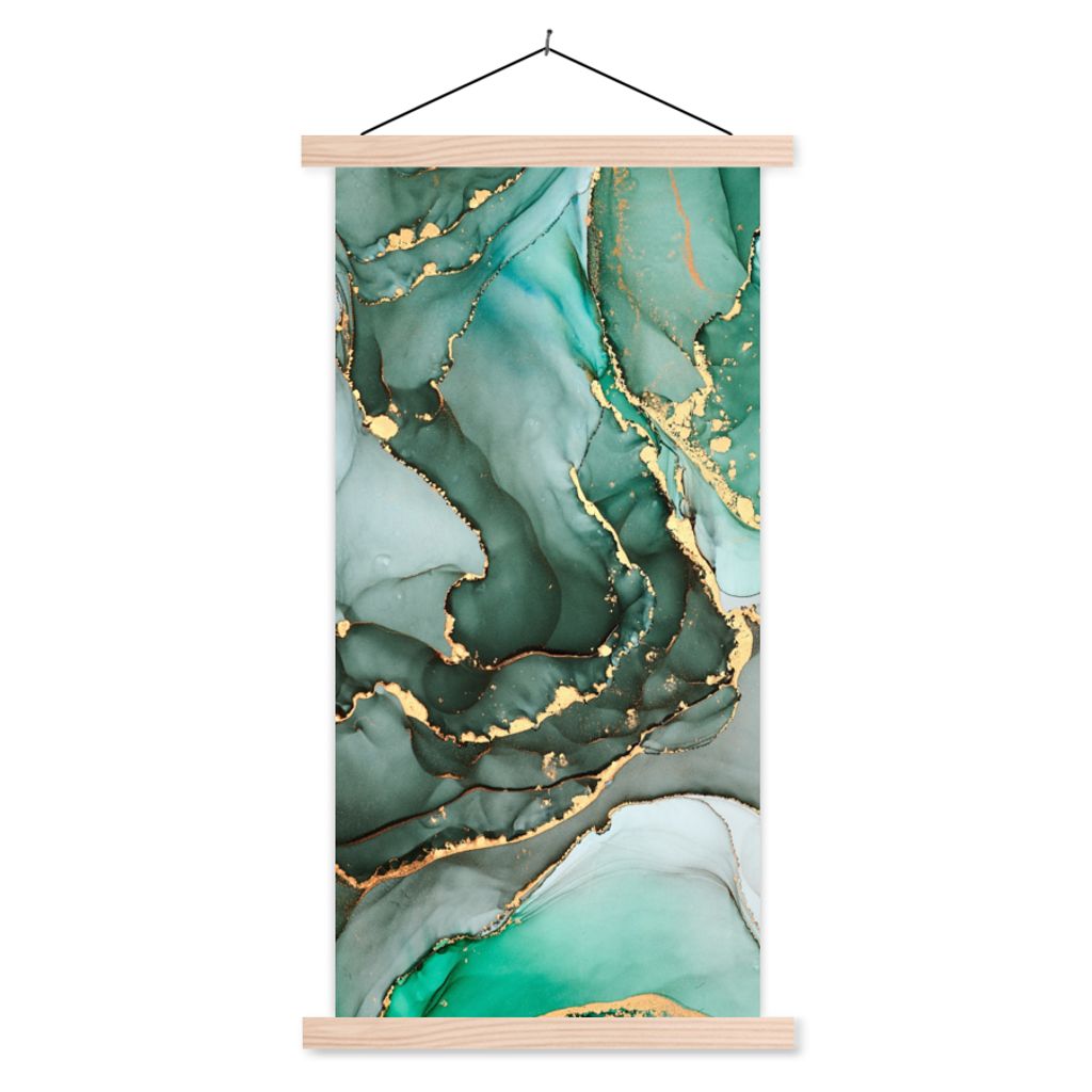 MuchoWow Textilposter Gold - Marmor - Grün - Luxus - Marmoroptik - Grau 60x120 cm mit holzfarbenen Rahmen - Holz