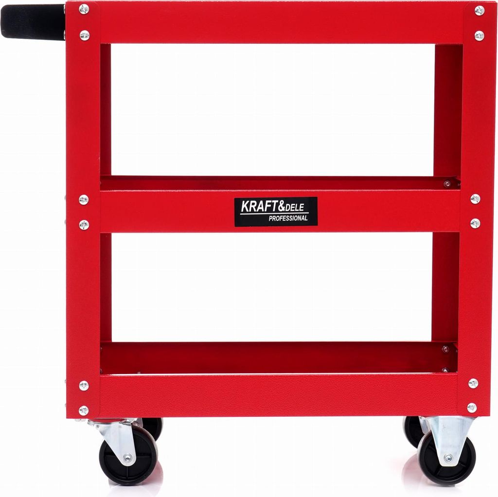 A red tool cart with two shelves and wheels, shown against a white background.