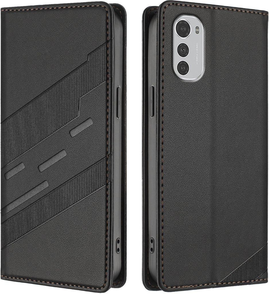 Hülle für Motorola Moto E32 4G, Kunstleder Brieftaschen Handyhülle mit Kartenfach und Standfunktion Schwarz