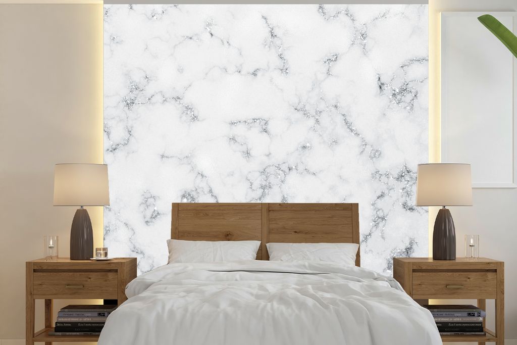 MuchoWow Fototapete für Wohnzimmer oder Schlafzimmer Wandtapete Vinyl Motivtapete Marmor - Adern - Silber - 350x350 cm - Schlafzimmertapete