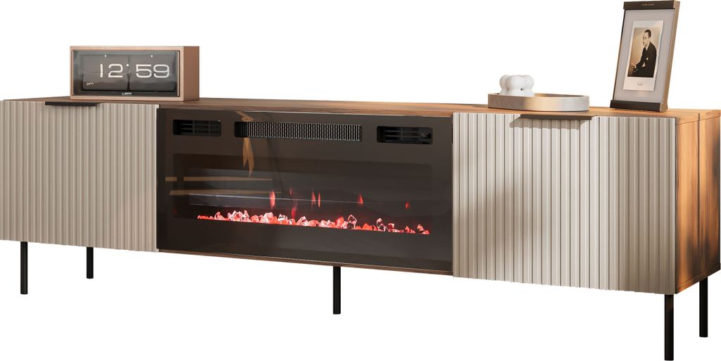 MIRJAN24 TV-Lowboard Almera 180 SR06 mit Kamin, Stilvoll Wohnzimmer, TV-Lowboard mit zwei Drehtüren (Farbe: Nuss Warmia / Cashmere)