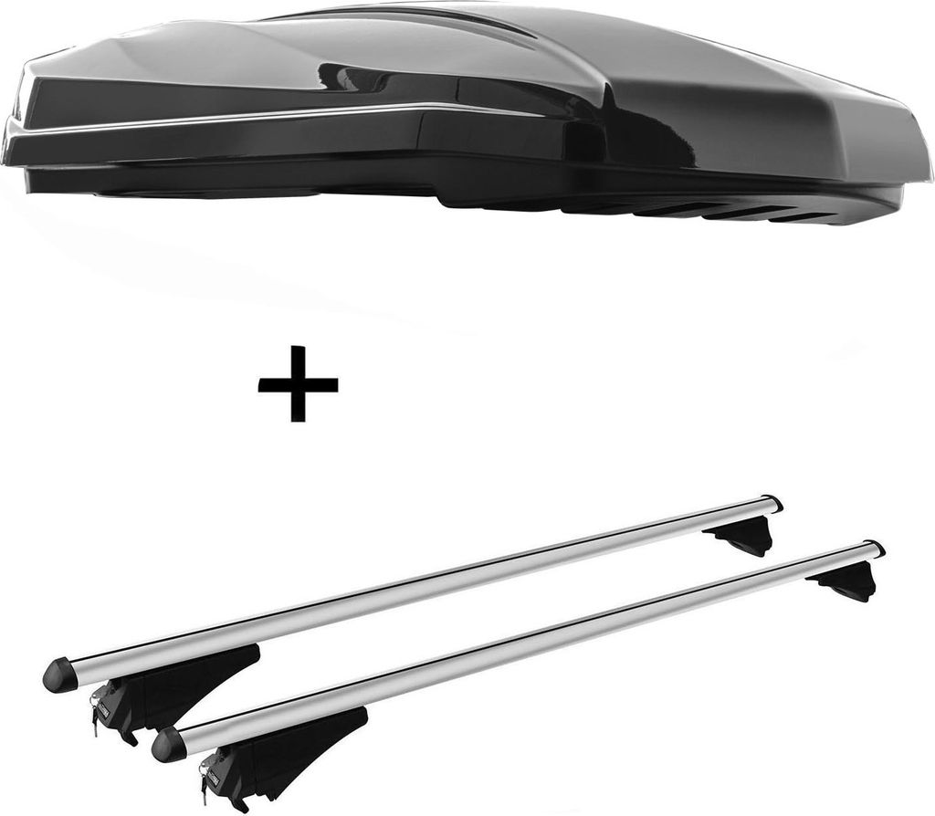 DACHBOX STRIKE 440 Liter schwarz hochglanz + Alu Dachträger Tiger Relingträger kompatibel mit Peugeot 508 Station Wagonab 18