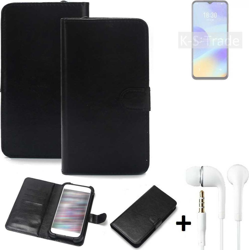 K-S-Trade Wallet Case Handyhülle kompatibel mit Meizu M10 Schutzhülle Flip cover Flipstyle Tasche Hülle Flipcover Slim Bumper schwarz + in ear