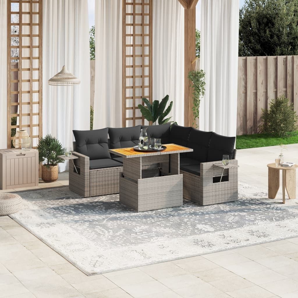 Design 6-tlg. Garten-Sofagarnitur mit Kissen Grau Poly Rattan, Gartenmöbel-Sets 2024 Neu