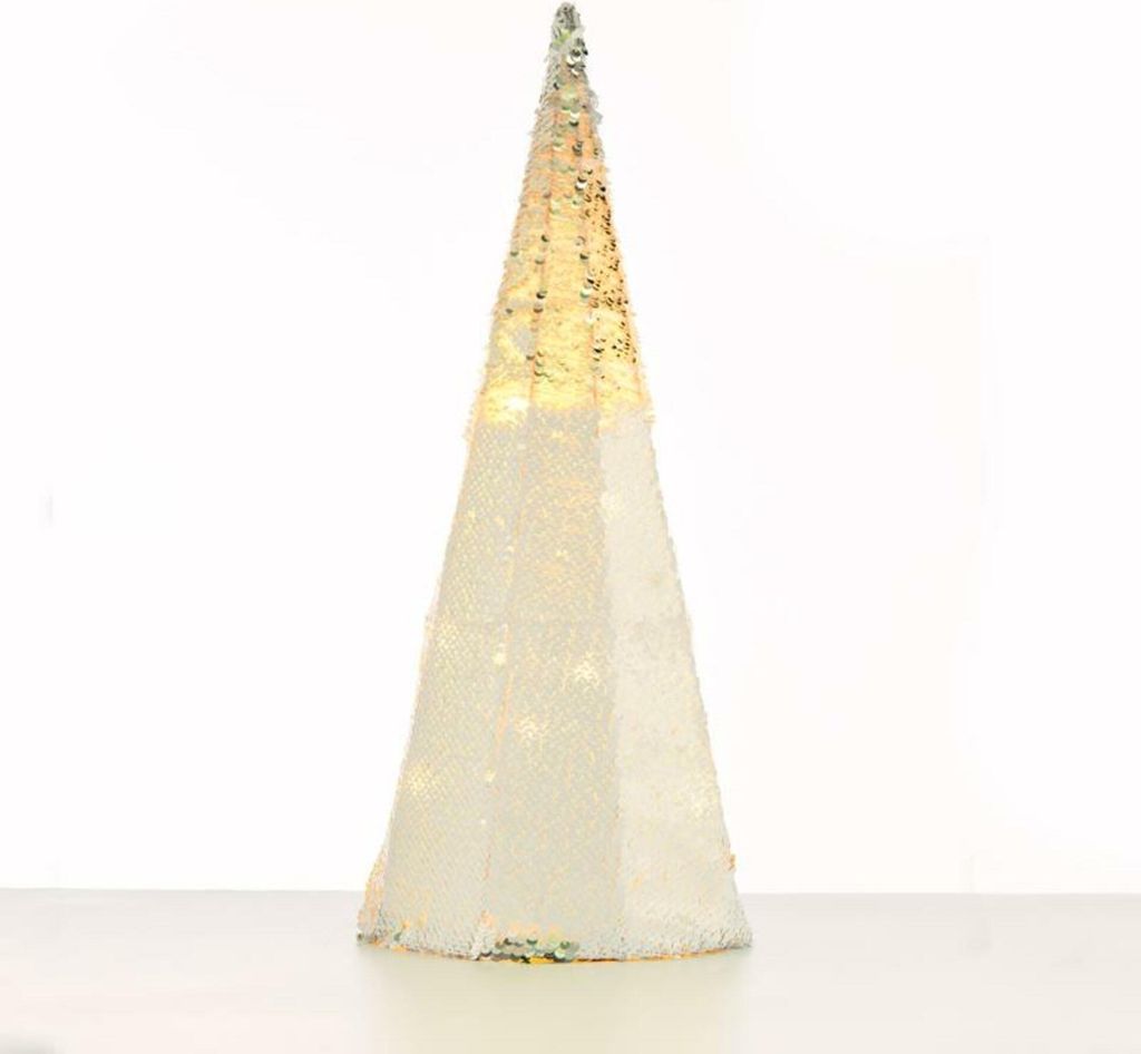 ACA Dekorativer, silber-weißer Zierkegelbaum mit 20 WW LEDs, batteriebetrieben (3xAA), Schutzart IP20, Durchmesser 18,5 x 50 cm, X1120117