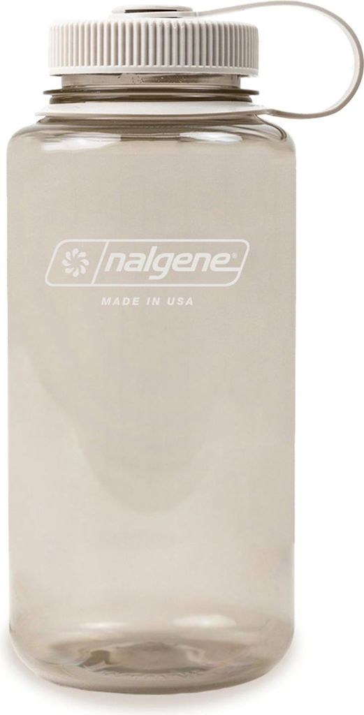 A clear studio shot of a Nalgene water bottle.
