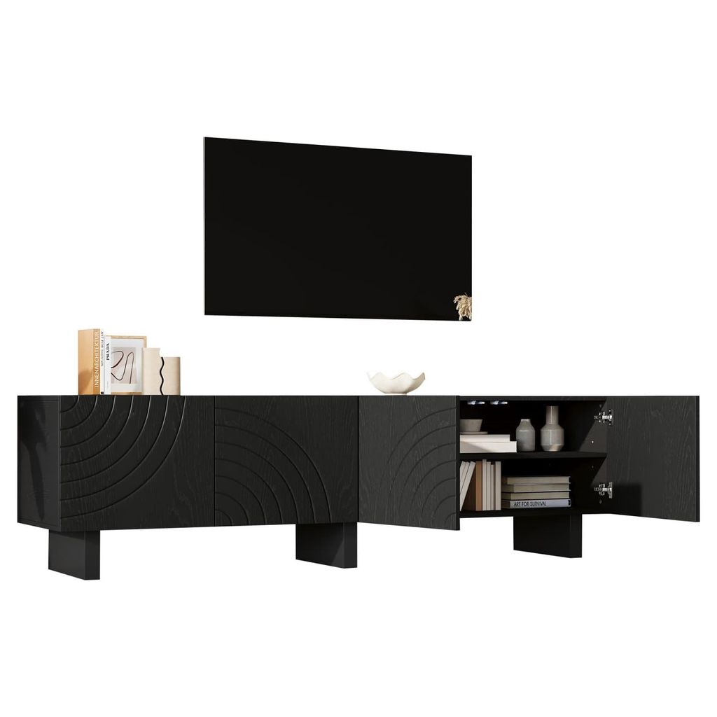Schwarzes TV-Bank aus Spanplatte, Modernes Lowboard mit Struktur für Wohnzimmer,Fernsehschrank mit 4 Türen,TV-Halterung, Aufbewahrungsschrank