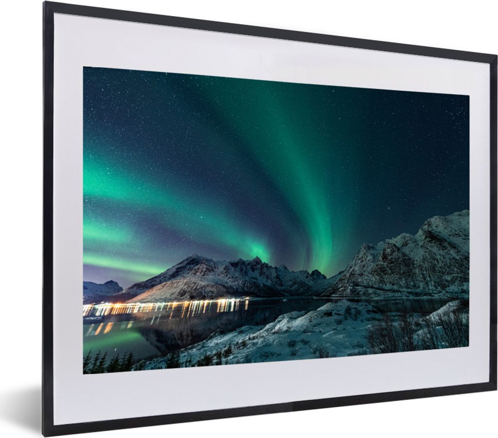 MuchoWow MuchoWow Gerahmtes Poster Nordlicht - Berg - Schnee - Grün - Sternenhimmel - Winter 60x40 cm - Poster mit zchwarzem Bilderrahmen - Sc...