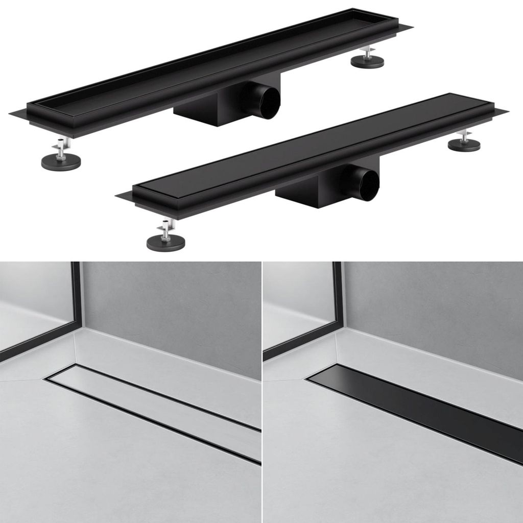 2in1 Duschrinne Schwarz Duschablauf Bodenablauf Abflussrinne Edelstahl Haarsieb befliesbar 60 cm