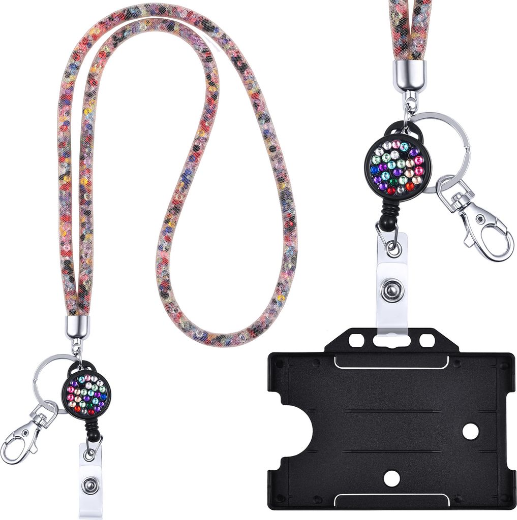 A product image showing a lanyard with an ID card holder and a retractable reel.