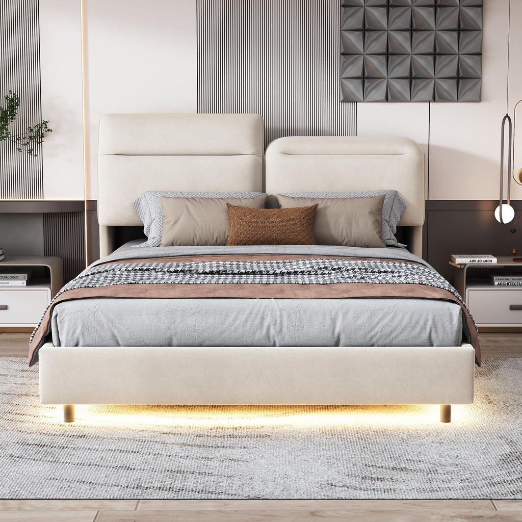140 x 200 cm Bett mit Stauraum, LED-Beleuchtung, klappbarem Kopfteil, hydraulischer Verstellung, Samtbezug, Beige