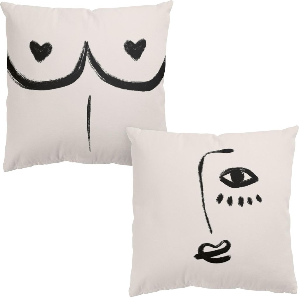 Dekokissen 2-teilig originell draußen / Outdoor Zierkissen waschbar Design beige Line Art Sofakissen ohne Füllung