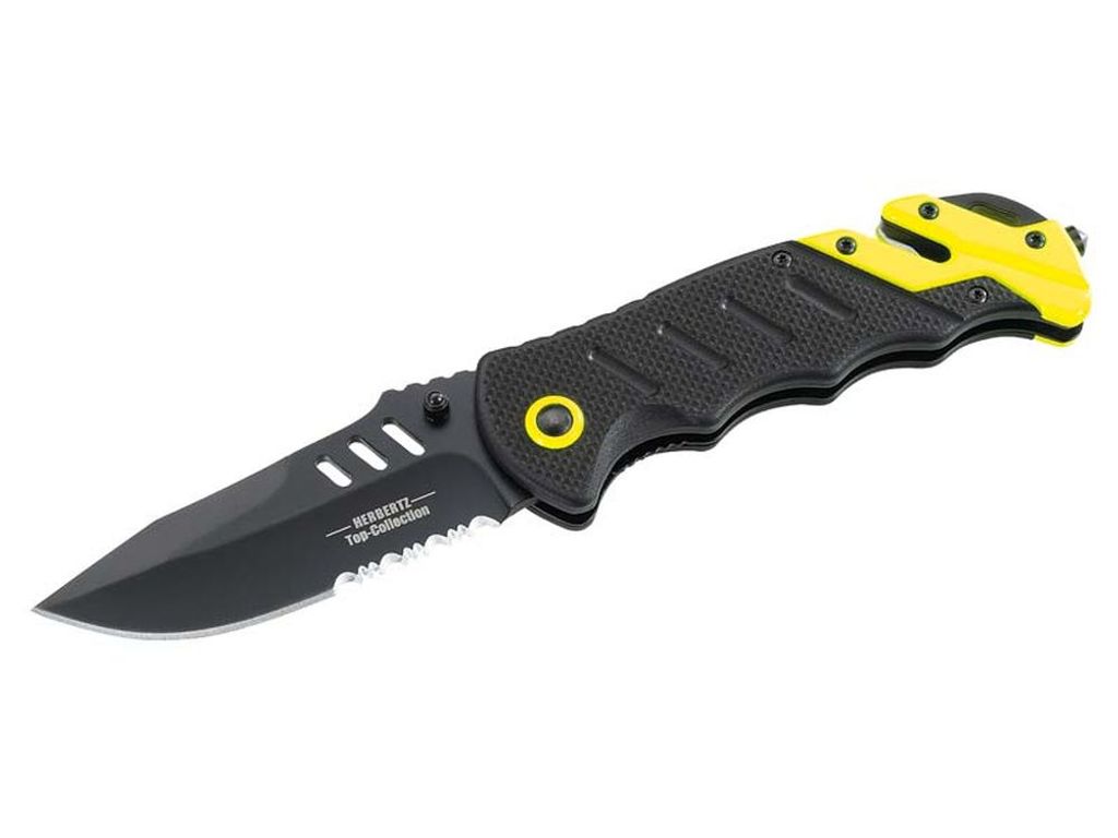 HERBERTZ Top-Collection Rettungsmesser, Stahl 440, schwarz, Gurtschneider, G-10 Griffschalen, Nylon-Etui, Box