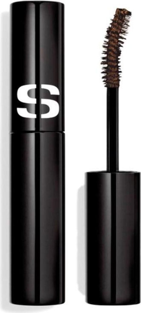 A black mascara tube with the 'S' logo and the mascara wand with brown mascara applied.