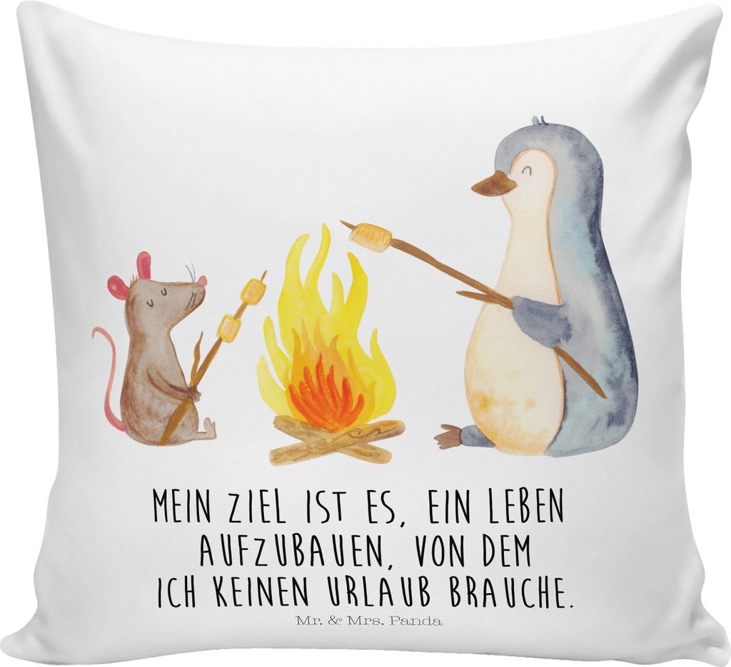 Mr. & Mrs. Panda Kissen 40x40 Pinguin Lagerfeuer - Weiß - Geschenk, Arbeit, bedruckt, Dekokissen, Job, Kuschel, Marshmallows, für sofa, Sofakisse...