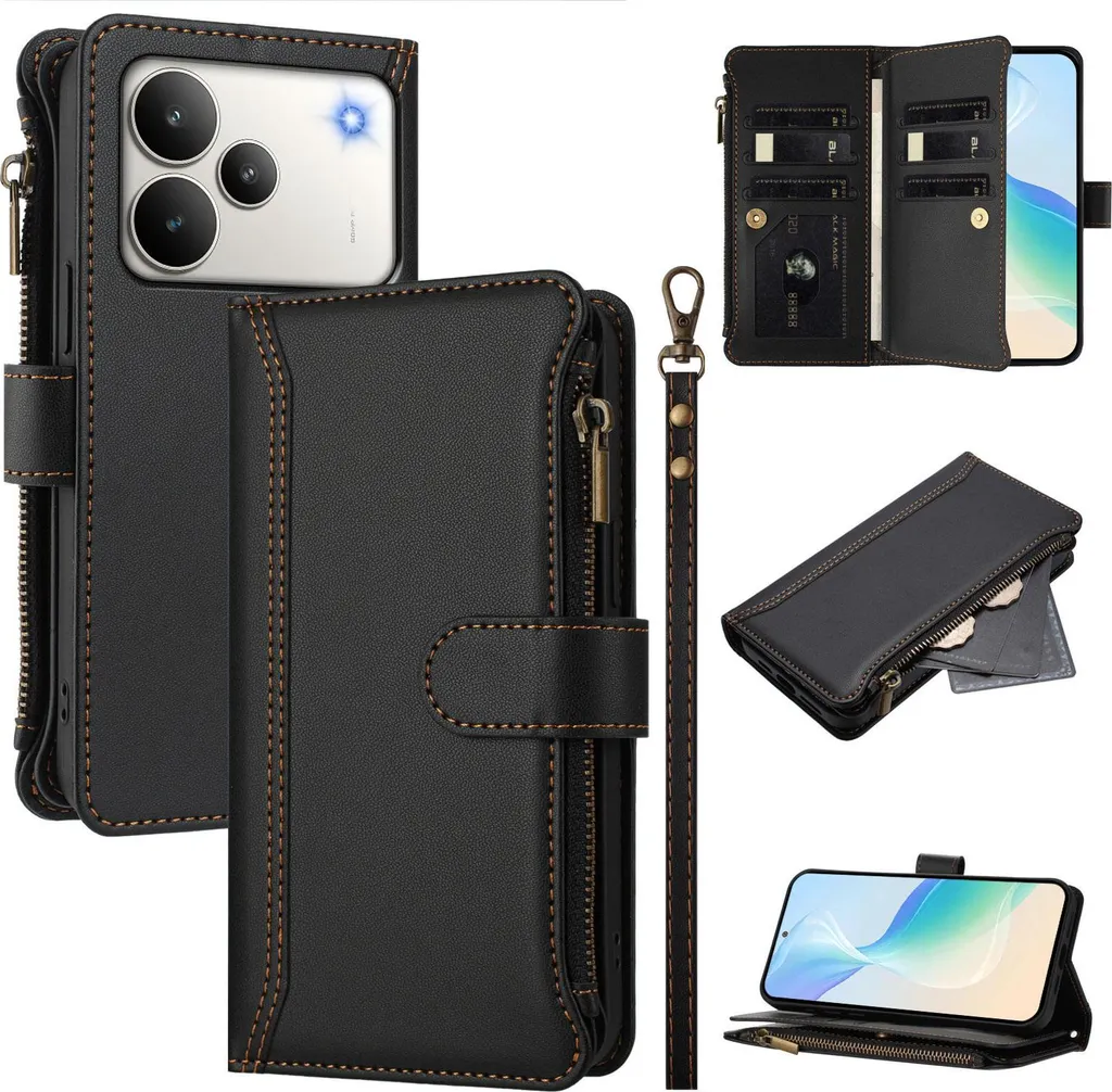 Custodia per Realme P4, con cerniera, portafoglio Custodia flip in Finto cuoio con tasche per carte, supporto e passante per mano nero