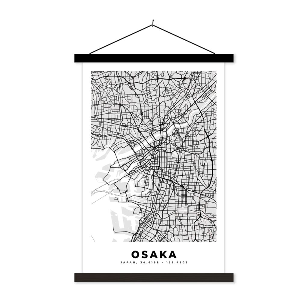 MuchoWow Textilposter Osaka - Stadtplan - Schwarz und weiß - Karte 40x60 cm mit schwarzem Rahmen - Wanddekorationen