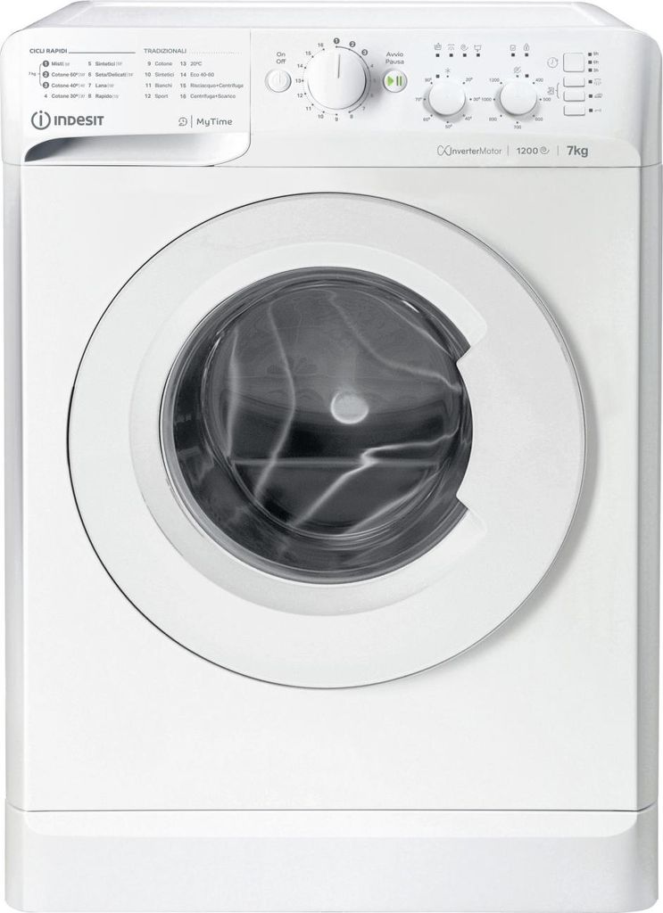 A white front-loading washing machine with its door slightly ajar, shown from the front.