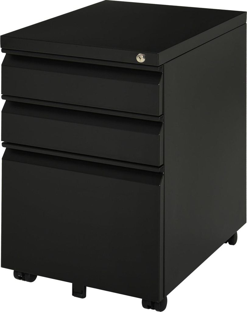 Rollcontainer Mit 3 Schubladen, Büroschrank Mit Rädern, Konkaver Griff, Stahl, Schwarz