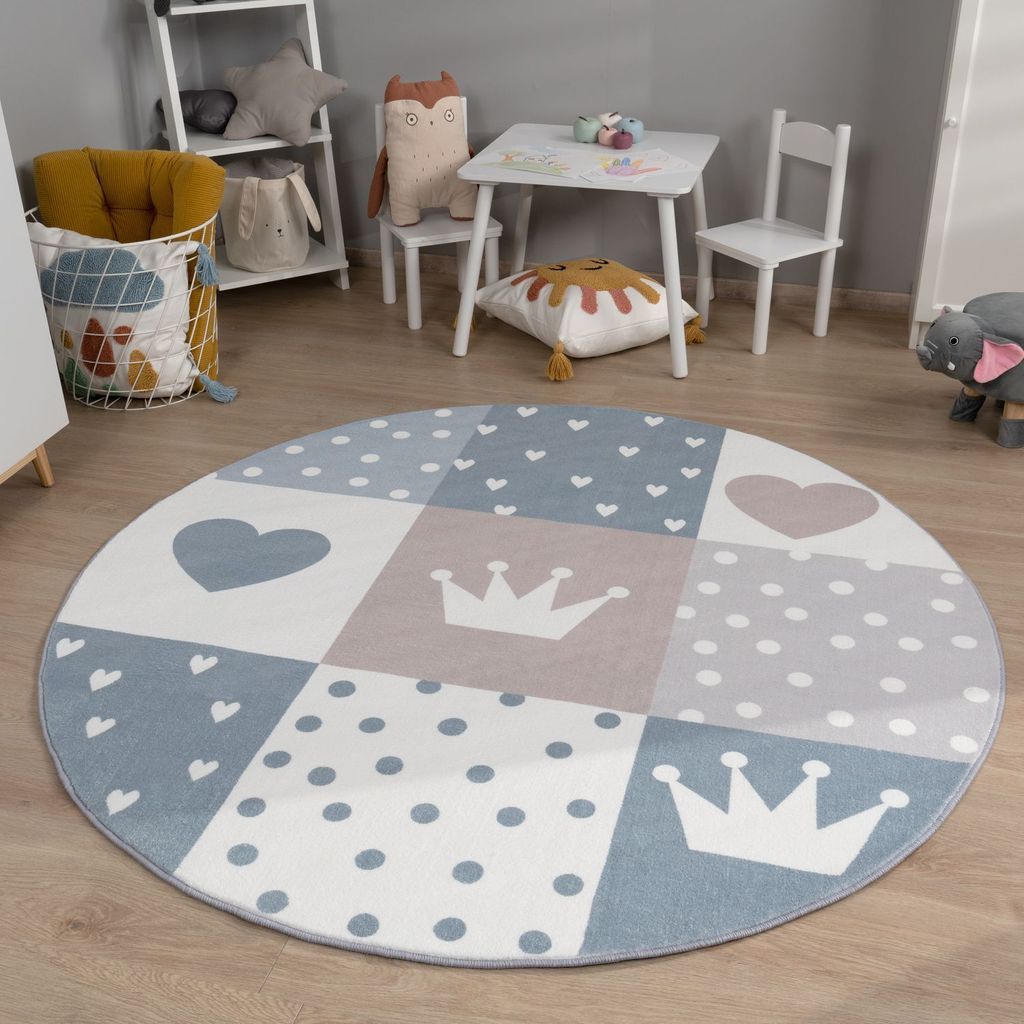 TT Home Kinderzimmerteppich Teppich Junge Mädchen Kinderteppich Baby Herzen Pastell Größe 120 cm Rund
